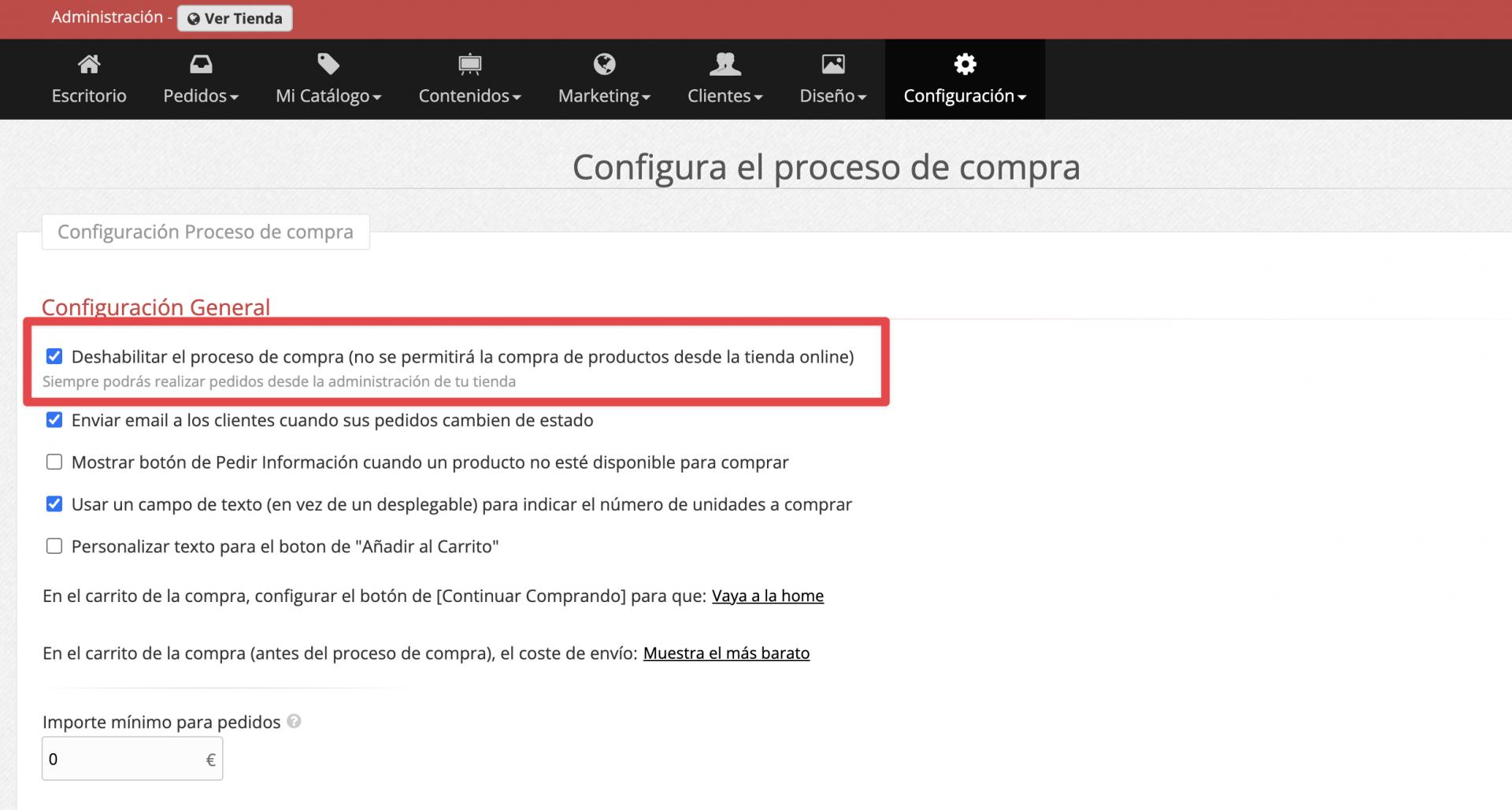 Opción para deshabilitar la compra en tienda online
